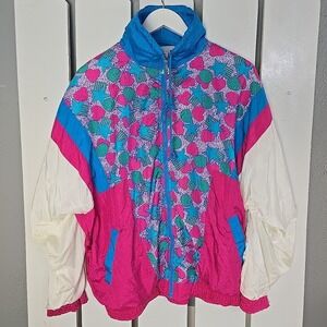 Casual Isle Womens VTG Kidcore Windbreaker Medium PInk Blue Hearts Retro 80s 90s